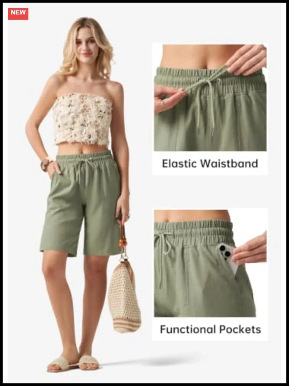 Women's Linen Bermuda Shorts with Pockets High Waisted Casual Summer